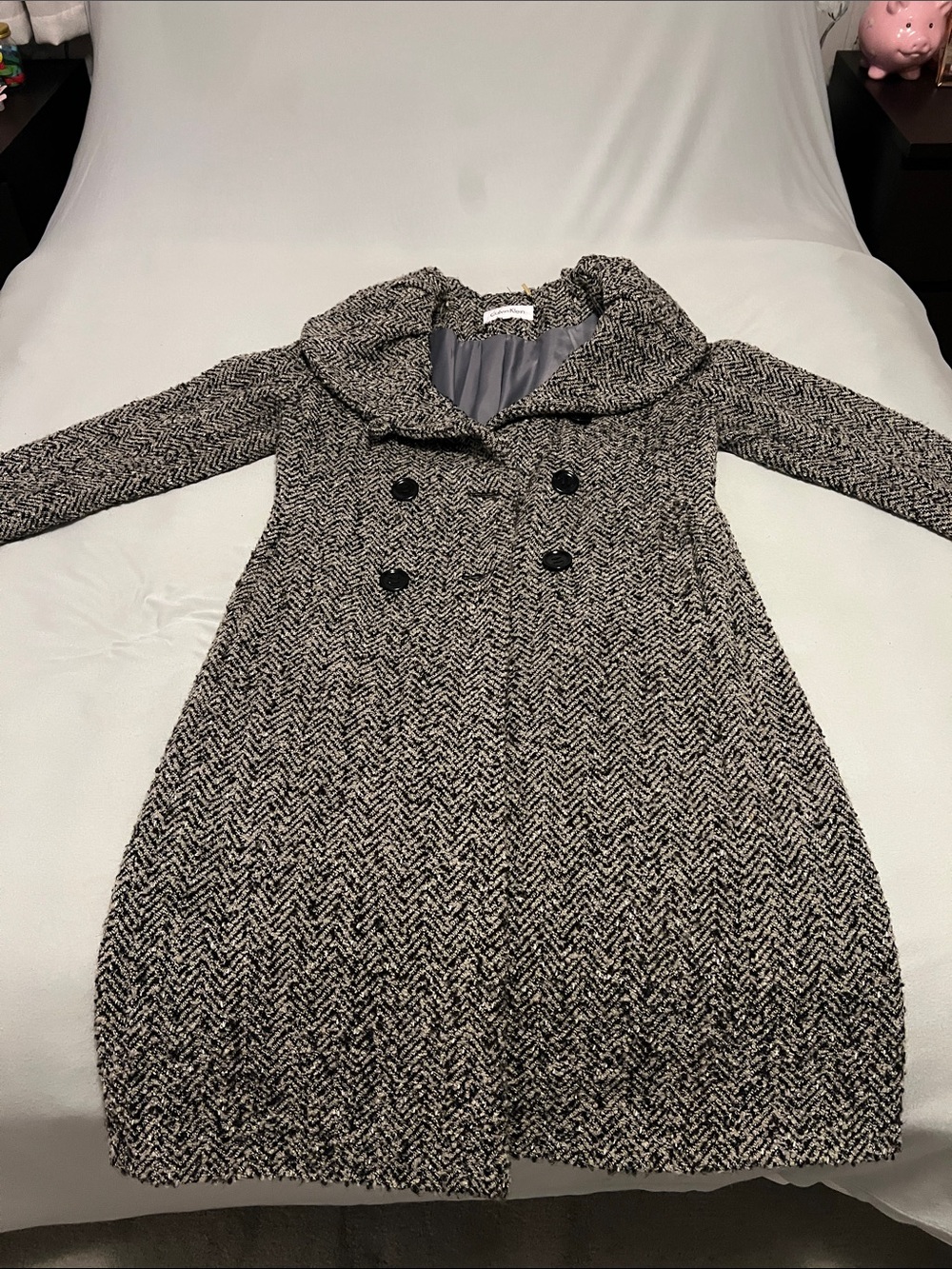 Calvin Klein Black & White Double-Breasted Tweed Pea Coat